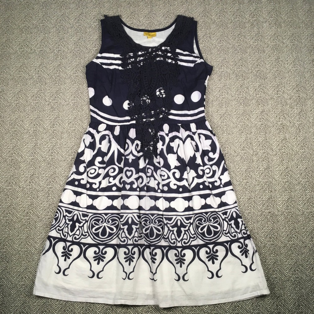 Roberta Roller Rabbit Navy Blue White Cotton Block Print Lace Dress XS